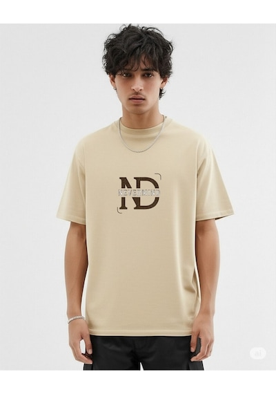Nevermind Baskılı Oversize Tişört Erkek Streetwear T-shirt Bej