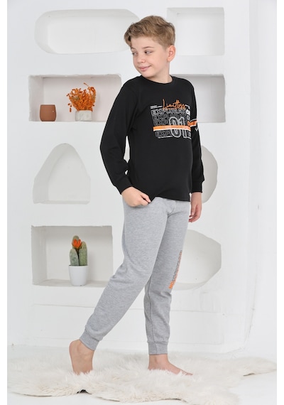 Modanino Erkek Çocuk Baskılı %100 Pamuk İnterlok Kumaş Pijama Takımı 12446 Siyah