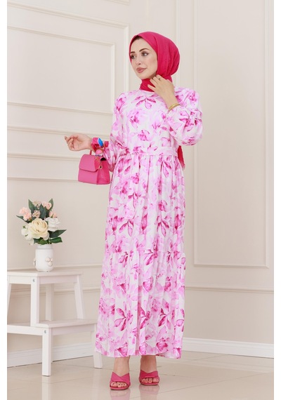 Sevitli Yarım Düğmeli Lotus Elbise-pembe-5248 Pembe