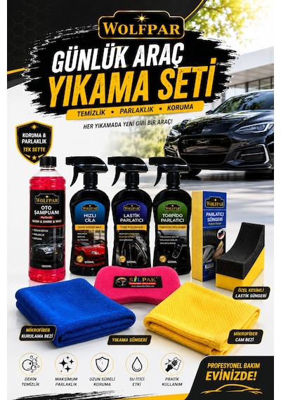 Günlük Araç Yıkama Seti Oto Şampuanı +hızlı Cila+lastik Parlatıcı+torpido Parlatıcı+parlatıcı Sünger+lastik Süngeri+yıkama Süngeri+mikrofiber Kurulama Bezi+mikrofiber Cam Bezi
