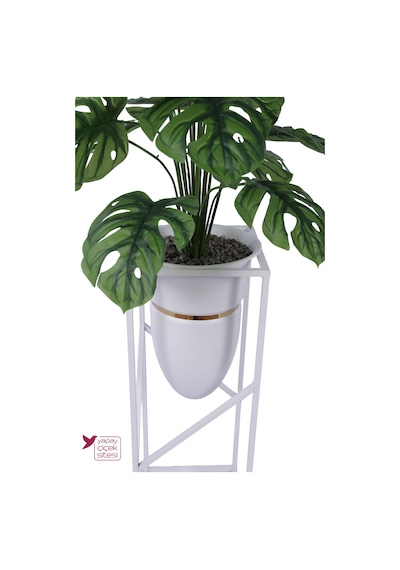 Yapay Çiçek Sitesi Metal Sütun Saksıda Premium 24 Yapraklı Yapay Monstera Deve Tabanı Ağacı 120 Cm Yeşil