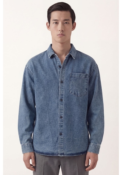 Sabri Özel Erkek Mavi Normal Kesim Regular Fit Pamuk Torba Cep Uzun Kollu Denim Ceket Gömlek