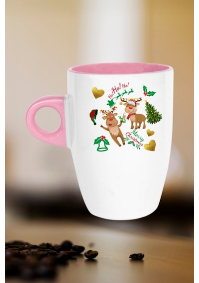 Yılbaşı Geyikli Kurabiye Baskılı Kupa Bardak Porselen Latte Filtre Kahve Fincanı Pembe