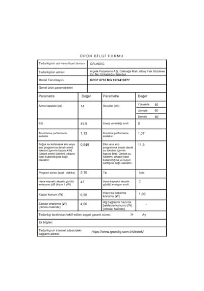 Grundig GPDF 6732 MG 6 Programlı 14 Kişilik Bulaşık Makinesi