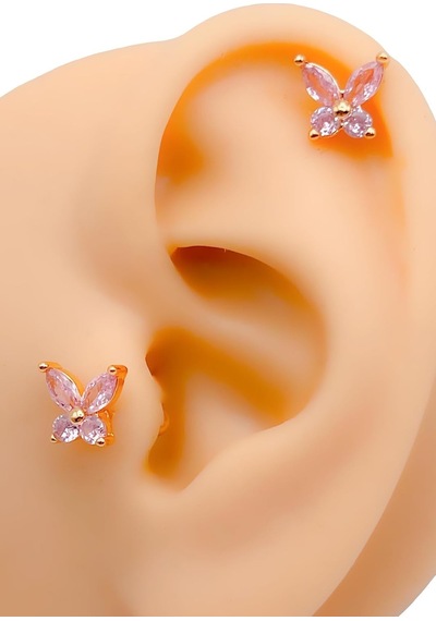 Taşlı Kelebek Figürlü Kıkırdak Helix Tragus Piercing 1adet çok renkli