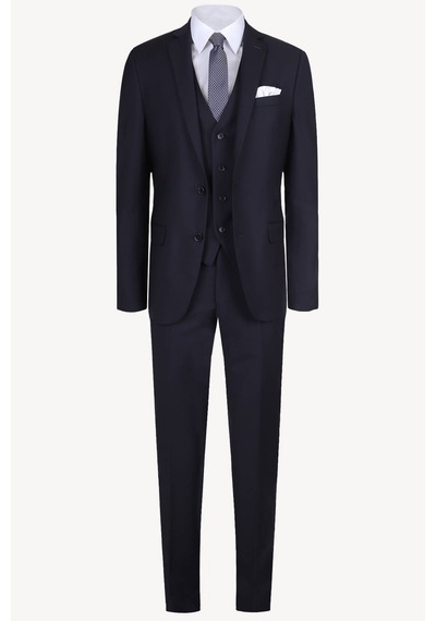 Erkek Lacivert Slim Fit Yelekli Takım Elbise
