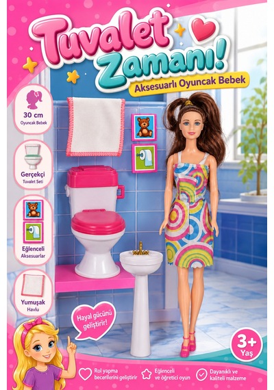 Anlily Tuvalet Zamanı Aksesuarlı Oyuncak Bebek Ve Banyo Seti Klozet, Lavabo 30 Cm