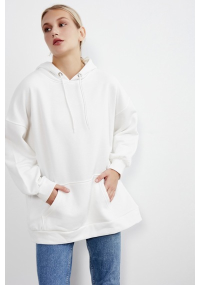 Meecy Kadın Beyaz Kapüşonlu Kanguru Cepli Sweatshirt Beyaz Beyaz