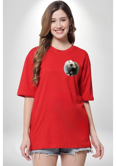 Siyah Beyaz Ying Yang Kırmızı Oversize Unisex Ön Ve Sırt Baskılı Tişört Kırmızı