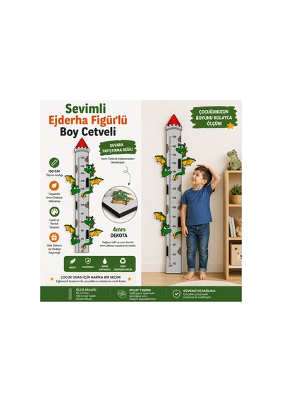 Mupoy Ejderha Çocuk Odası Boy Ölçer Sticker'lı Dekota 180x45cm