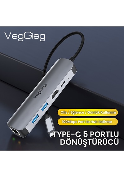 Veggieg Type-c Pd100w 5 Portlu 4k 30hz Hdmı 100mbps Ethernet Usb 2.0 + Usb 3.0 Çoklayıcı Hub