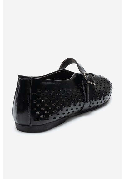 Luvi Shoes Arian Siyah Rugan Hakiki Deri Delikli Kadın Babet Ayakkabı