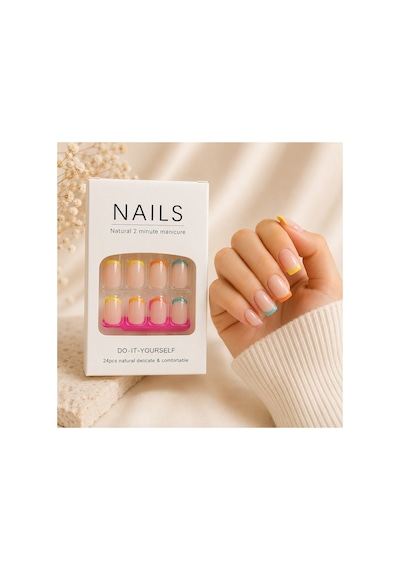 Zelüx - Çok Renkli Bant Görünümlü - 24 Adet Yapıştırma Tırnak Sanatı Seti Nail Art