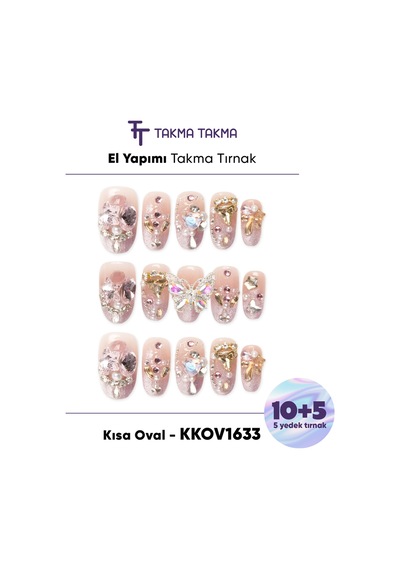 Kkov1633 Renkli Kısa Oval 15'li Tekrar Kullanılabilir El Yapımı Protez Takma Tırnak L