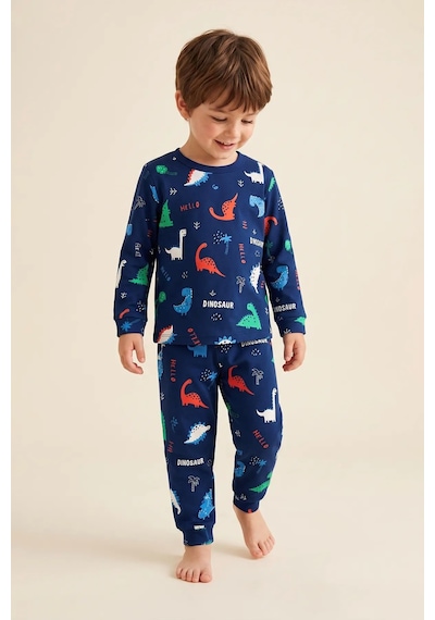 Zuzunga Hello Dino Desenli Uzun Kollu Erkek Çocuk İnterlok Pijama Takımı Lacivert
