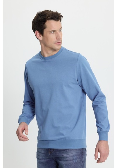 Tudors Erkek Relax Fit Rahat Kesim %100 Pamuk 2 İplik Bisiklet Yaka Mavi Sweatshirt-41518