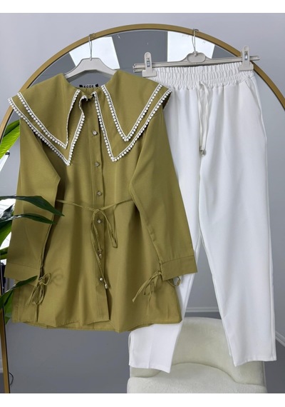 Lovie Moda Vintage Yaka Pantolonlu Takım Haki
