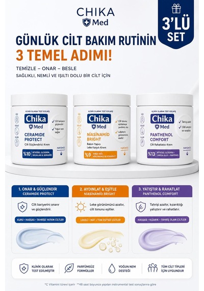 Chika Med+ Aydınlatıcı Bakım Seti Niacinamide Bright + Panthenol Comfort + Ceramide Protect 3 Lü Set Eşit Cilt Tonu & Işıltılı Görünüm & Onarıcı Etki