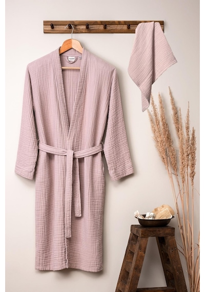 Unisex Kimono Müslin Bornoz + Havlu Seti Pudra-pudra Pudra
