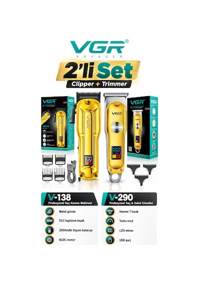 Saç Sakal Tıraş Makinesi Seti Metal Clipper Trimmer Gold V-138 & V-290