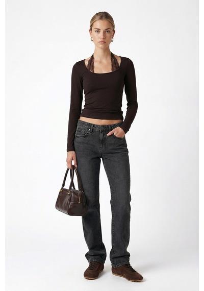Ritnice Kadın Emma Dantel Detaylı Uzun Kollu Kahverengi Basic Top / Bluz Kahverengi