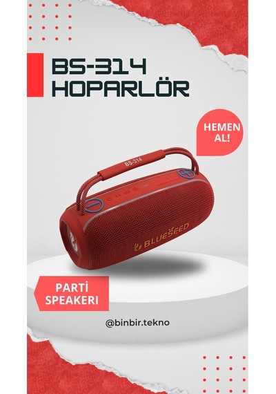 Binbirtekno Bs-314 Kırmızı Bluetooth Speaker Güçlü Bass, Yüksek Ses, Taşınabilir Kablosuz Hoparlör