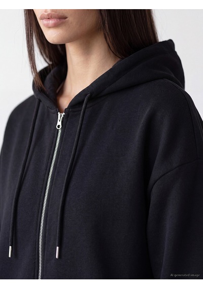 Lcw Everyday Siyah Kapüşonlu Oversize Kadın Fermuarlı Sweatshirt