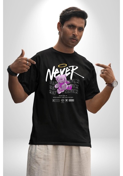Asla Asla Deme Pamuklu Bisiklet Yaka Unisex Oversize Boyfriend Dijital Baskılı Siyah T-shirt Siyah