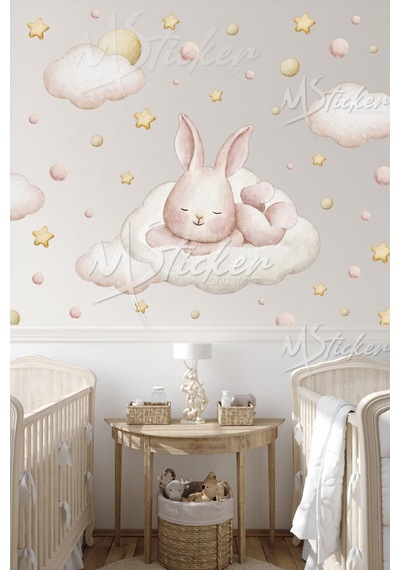 MSticker Hayallere Dalan Sevimli Tavşan Bulutlar Yıldızlar Ve Puantiyeler Çocuk Bebek Odası Cam Duvar Sticker