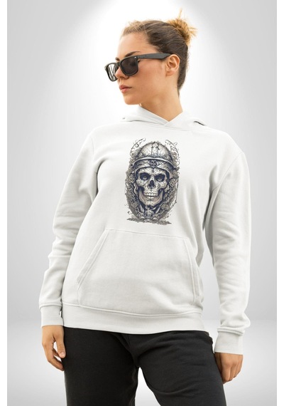 Kask Miğfer İskelet Asker Kadın Erkek Beyaz Kapüşonlu Sweatshirt Hoodie Beyaz