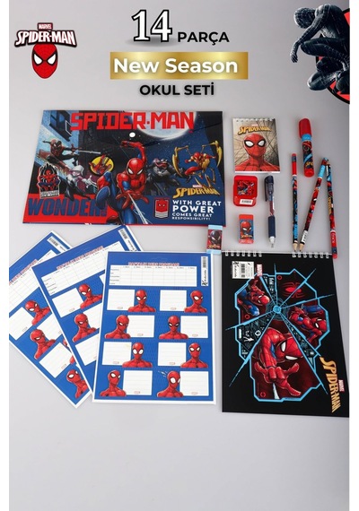 Spiderman Lisanslı 14 Parça Kırtasiye Seti, Çıtçıt Dosya, Okul Etiketi, Bloknot, Kurşun Kalem, Kırmızı