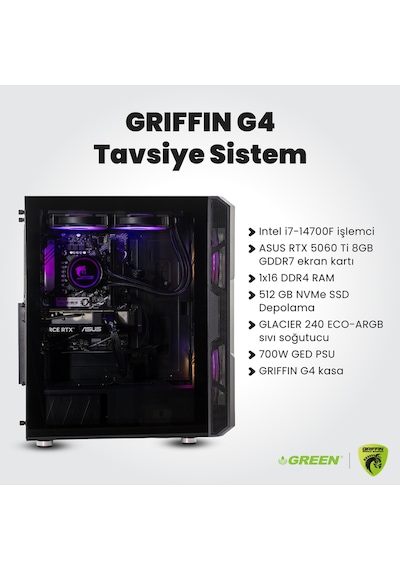 Green GRIFFIN G4 i7-14700F 16 GB 512 GB SSD RTX5060Ti Free Dos Oem Paket Masaüstü Oyuncu Bilgisayarı