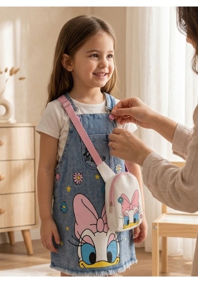 Nota Kids Kız Çocuk Ördek Baskılı Kot Jile Elbise Ve Çanta Takımı Mavi