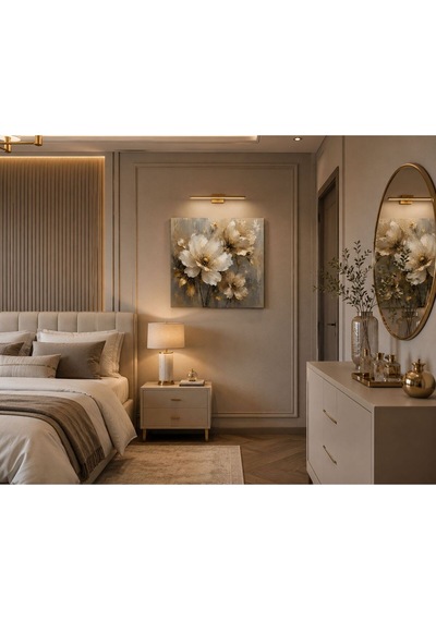 Gold Çiçek Desenli Kare Kanvas Tablo Bej Krem Modern Luxury Salon, Yatak Odası Ve Antre Duvar Dekoru Premium Çerçevesiz Floral Kanvas Tablo