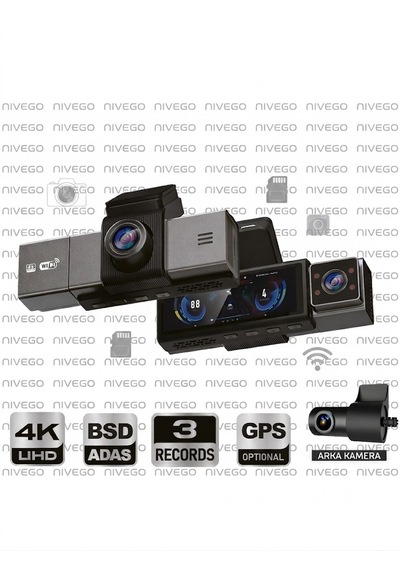 Dxtl X-13 4k 3 Kameralı Araç Içi Kamera 3.2 İnç Ekran Wifi Adas Bsd G-sensör Park Modu
