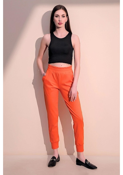 Kadın Oranj Rahat Dokulu Kumaş Cepli Beli Lastikli Paça Jogger Spor Pantolon Oranj