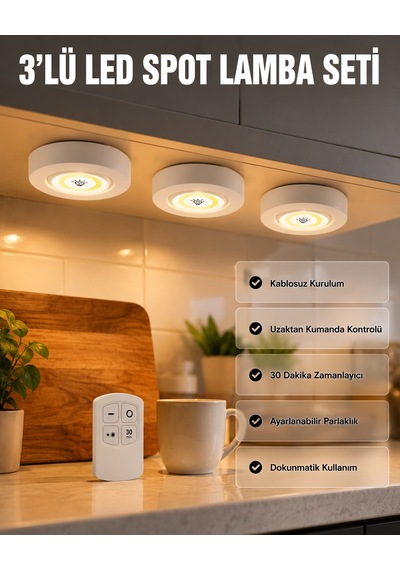 Kablosuz 3 Lü Spot Led Lamba Seti Uzaktan Kumandalı Enerji Tasarruflu Aydınlatma Çokrenkli