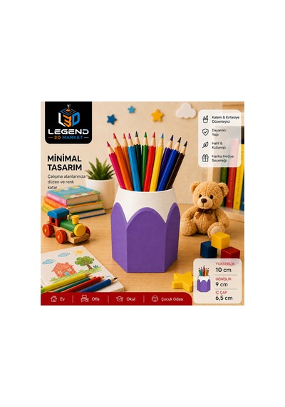 Kurşun Kalem Tasarımlı Renkli Masaüstü Düzenleyici 3d Baskı Çocuklar İçin Eğlenceli Masaüstü Organizer Mor