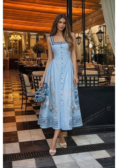 Asprinfashion Yan Büzgülü Kare Yaka Elbise Mavi