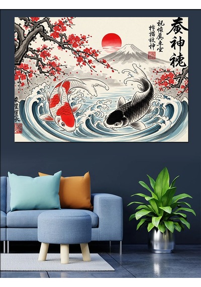 Ahşap Tablo Japon Tarzı Balık Ve Güneş