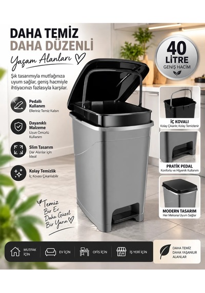 Iç Kovalı Slim Pedallı Banyo Mutfak Çöp Kovası - 40 Litre - Antrasit Antrasit - Gri