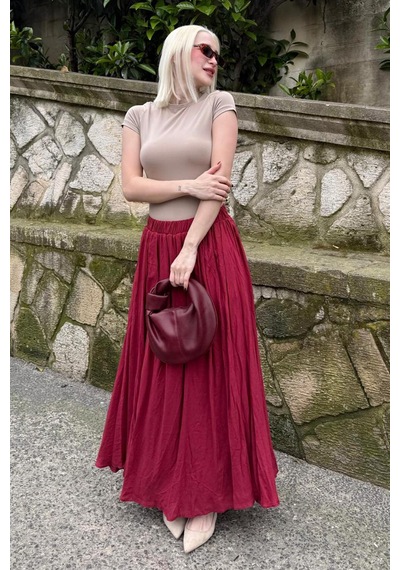 Madmext Bordo Vual Kumaş Basic Kadın Uzun Boy Kadın Etek Mg2366 Bordo