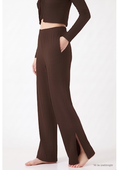 Cottonill Premium - Serene Collection Kahverengi Rib Dokulu Önden Bağlamalı Viskon 3'lü Kadın Pijama Takımı