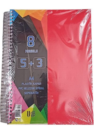 5+3 Ayraçlı Defter 8 Konulu 200 Yaprak 1 Adet 5 Kareli 3 Çizgili Spralli Plastik Kapak Seperatörlü Kırmızı