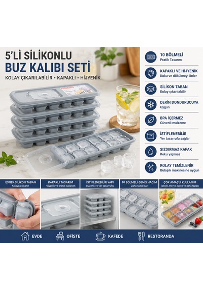 5'li Silikonlu Kapaklı Buz Kalıbı Seti 10 Bölmeli Kolay Çıkarılabilir Buzluk Kabı Gri