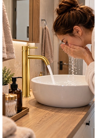 Alfas Mat Gold Çanak Lavabo Bataryası Fırçalı Altın 304 Paslanmaz Çelik Banyo Bataryası Yüksek 29cm