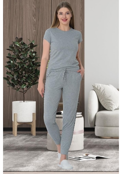 Mecit Pijama Mecit 5624 Ekru Çizgili Gri Kadın Spor Pijama Takımı 001