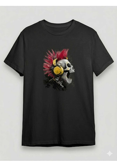 Punk Rock Temalı Kuru Kafa Baskılı Bisiklet Yaka Erkek T-shirt Siyah