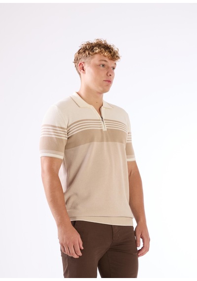 Dufy Bej Çizgili Yatay Desen Erkek Triko - Slim Fit Bej