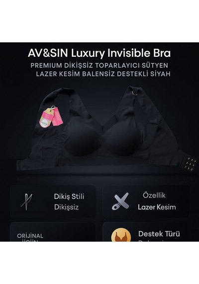 Av&sın Luxury Invisible Bra Premium Dikişsiz Toparlayıcı Sütyen Lazer Kesim Balensiz Destekli Siyah Beyaz